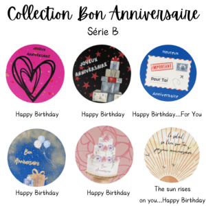 Birthday cards with various designs and messages.