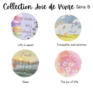 Four round illustrations with French text.