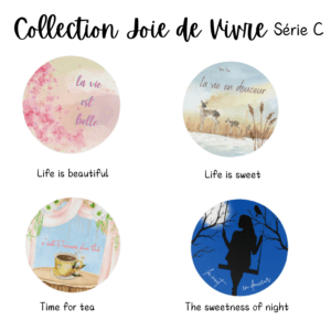 Colorful decorative plates with inspirational phrases.