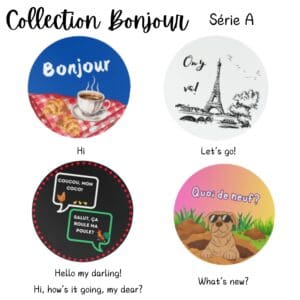 French-themed button collection with various greetings.