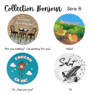 Four illustrated greetings in French and English.