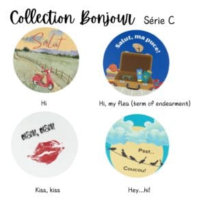 Four round illustrations with French greetings.