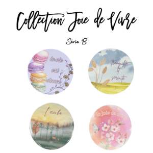Four colorful circular designs with French text.