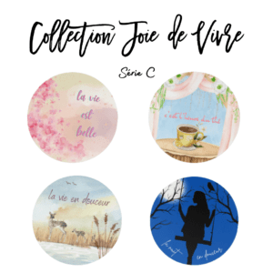 Four circular nature-themed illustrations with French text.