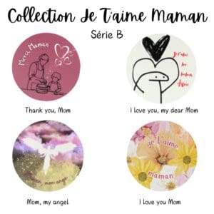 Mother's Day badge collection with messages.