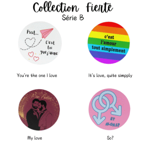Four colorful pride-themed badges with text.
