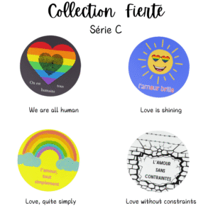 Pride-themed badges with love messages.