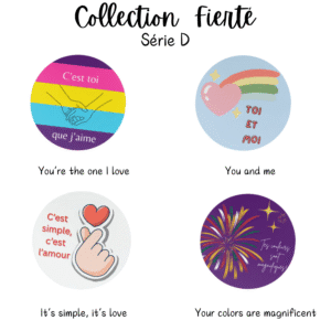 Four colorful pride-themed button designs.