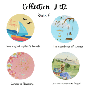 Four summer badges: sailboat, swing, flowers, picnic