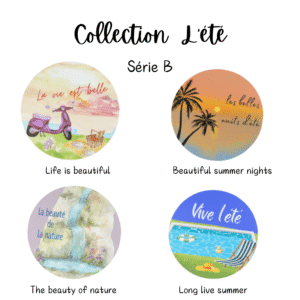 Summer-themed illustrations with French text.