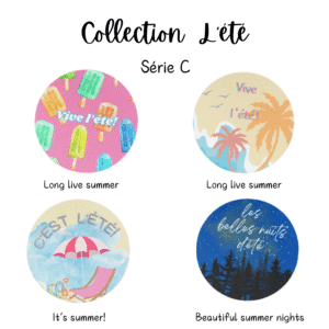Colorful summer-themed illustrations with French text.