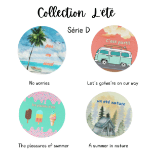 Four badges: beach, camper van, ice cream, camping