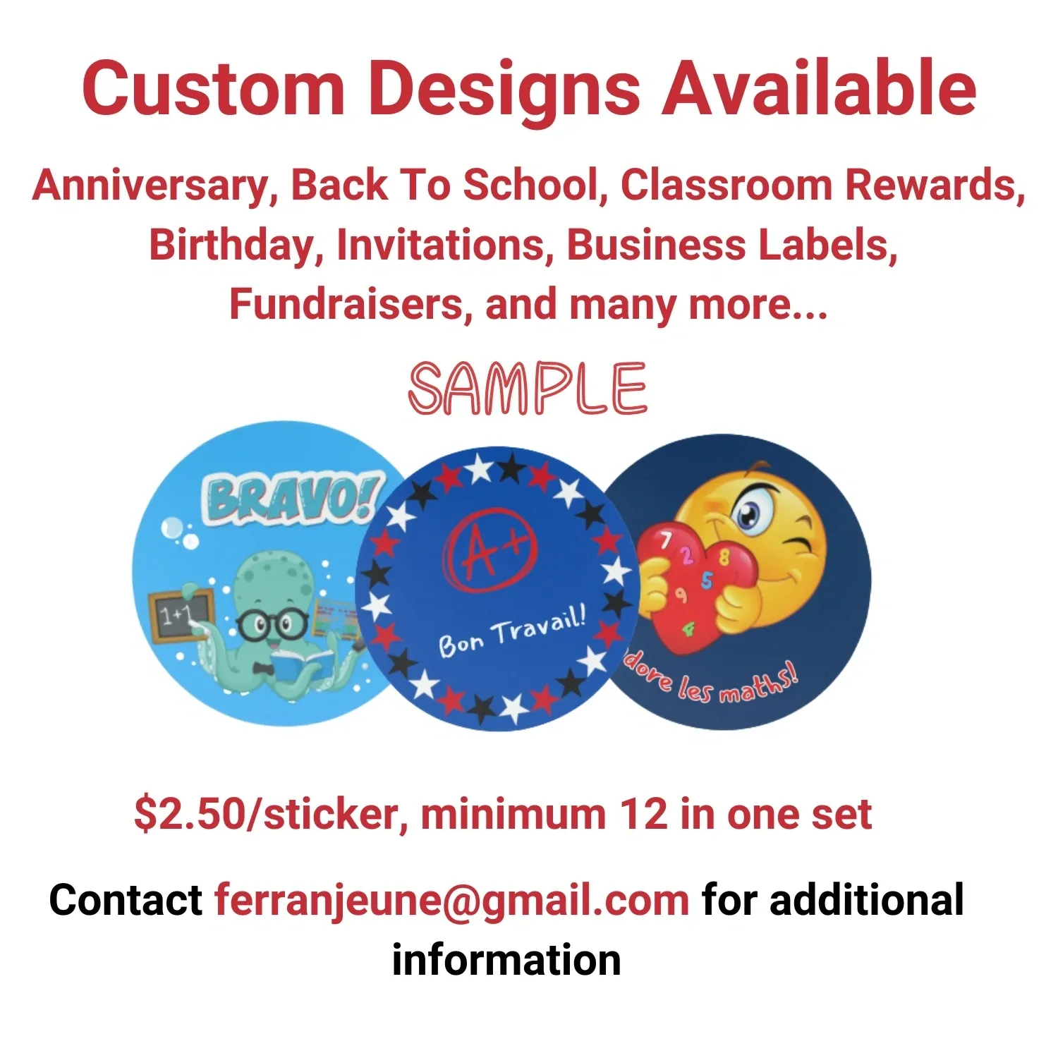 Custom sticker designs available for purchase.