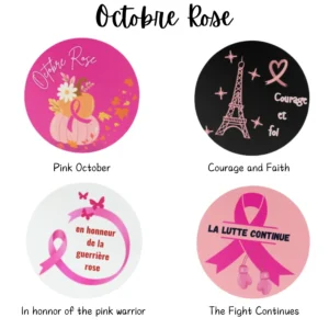 Breast cancer awareness buttons with pink ribbons.